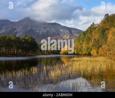 Beinn Eighe und Loch Coulin im Herbst, Torridon, Wester Ross, Highland, Schottland. Stockfoto