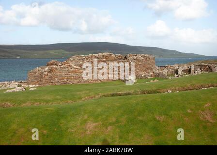 Erhaltene Ruinen Eisenzeit Broch von Gurness Aikerness Evie Mainland Orkney Schottland United Kingdom Außenansicht Historic Scotland Archäologie archaeolo Stockfoto