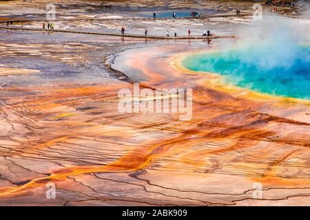 Antenne des Grand Prismatic Spring drehen zu hell orange und blau bei Berührung mit Sonnenlicht, das beliebte Geyser Basin des Yellowstone National Park, USA. Stockfoto