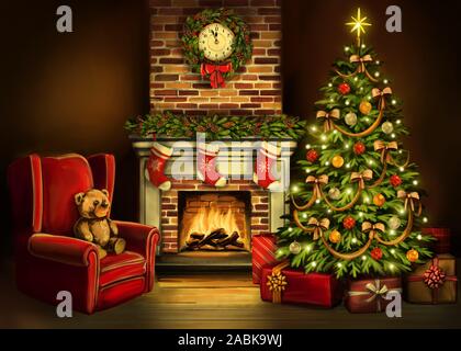 Heiligabend, Zimmer mit Weihnachten Dekoration, Weihnachtsbaum Symbol für Weihnachten und neues Jahr, Grußkarte, Art Illustration mit gemalten Stockfoto