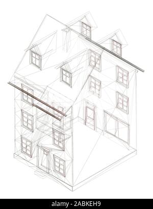 Drahtmodell aus einem 3-stöckigen Wohngebäude. Grundriss eines Hauses Projekt. Isometrische Ansicht. Vector Illustration. Stock Vektor