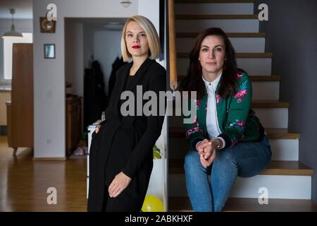 Die Schwestern Laura Sophie Dornheim (blond) und Magdalena Rogl (BRÜNETT) in doppelte Portrait. Dornheim ist Sprecherin für die tech Start-up der Chancengleichheit. Magdalena Rogl leitet die digitale Kommunikation bei Microsoft. [Automatisierte Übersetzung] Stockfoto