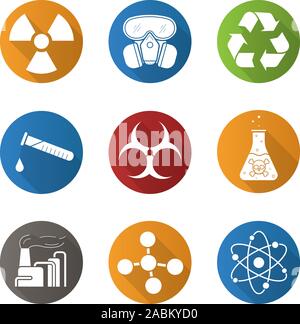 Chemische Industrie flache Bauweise lange Schatten Symbole gesetzt. Gasmaske, Recycling Symbol, chemischen Reagenzglas, Gefahr, giftige Flüssigkeit, Fabrik Umweltverschmutzung. Biohaza Stock Vektor