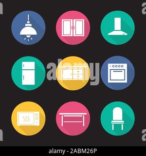 Küche inneren flachen Design lange Schatten Symbole gesetzt. Deckenleuchte, Kabinett, Dunstabzugshaube, Kühlschrank, Küche, Herd, Mikrowelle, klassische Tabelle a Stock Vektor