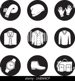 Herren Kleidung und Accessoires Symbole gesetzt. Schal, Winter, hut, handschuhe, Hemd und Krawatte, Mantel, Pullover, Armbanduhr, Boot, Handtasche. Vektor weiß illustratio Stock Vektor