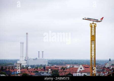 Blick vom Turm der Paulskirche über das Oktoberfest auf der Theresienwiese, eine Woche vor Beginn des Oktoberfestes. [Automatisierte Übersetzung] Stockfoto