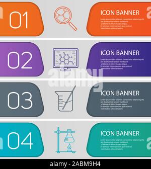 Labor banner Vorlagen eingestellt. Einfach zu bearbeiten. Becher, molekulare Wissenschaft und Analyse, Ring stand mit Kolben. Website Menüpunkte mit linearen Symbolen. Co Stock Vektor