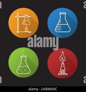 Schule chemischen Labor. Flache lineare lange Schatten Symbole gesetzt. Chemische Reaktion, Lab Brenner, Ring, Kolben mit Flüssigkeit. Vektor linie Symbole Stock Vektor