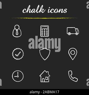 Lieferservice chalk Symbole gesetzt. Manager, Rechner, Lieferwagen, zugelassenen Zeichen, Schild, gps lokalisieren, Uhr, Haus, nehmen Sie Kontakt mit uns auf Symbol illustrati Stock Vektor