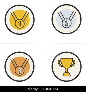 Wettbewerb Prämien farbige Symbole gesetzt. Sieger Cup-, Gold-, Silber- und Bronzemedaillen. Sport Spiele Preisverleihung. Isolierte Vektorgrafiken Stock Vektor