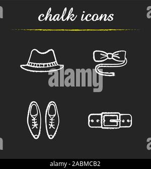 Zubehör für Männer chalk Symbole gesetzt. Homburg hat, Schmetterling, Riegel, klassische Schuhe, Leder Gürtel. Isolierte vektor Tafel Abbildungen Stock Vektor