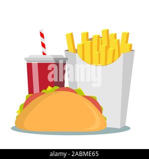 Pommes frites, Sandwich und Soda takeaway Vector Illustration. Fast food Menü Stock Vektor