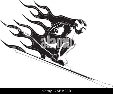 Lächelnd cartoon Skifahrer. Mountain Ski Sportler Charakter mit Schutzbrille und skianzug. Junger Mann auf Skiern Vector Illustration. Stock Vektor