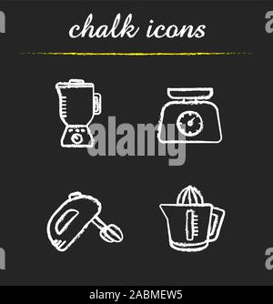 Küchengeräte chalk Symbole gesetzt. Standmixer, Mixer, Entsafter, Küche essen Waagen Illustrationen. Isolierte vektor Schiefertafel Zeichnungen Stock Vektor