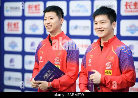 Chengdu Chengdu, China. 28 Nov, 2019. Chengdu, China - chinesische Tischtennis Spieler Ma lange, Ventilator Zhendong und Deutsche Tischtennis Spieler Timo Boll Tagung der 2019 Männer Tischtennis Wm Fans in Chengdu, Provinz Sichuan, Nov. 28, 2019. Credit: SIPA Asien/ZUMA Draht/Alamy leben Nachrichten Stockfoto