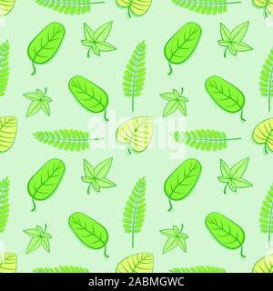Nahtlose Muster Blätter auf grünem Hintergrund. Konzept des Tropenwaldes in kawaii Stil. Vector Illustration flache Bauform. Stock Vektor