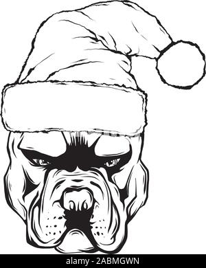 Hand gezeichneten Hund. American Bulldog in einem roten Santa Claus hat Vector Stock Vektor