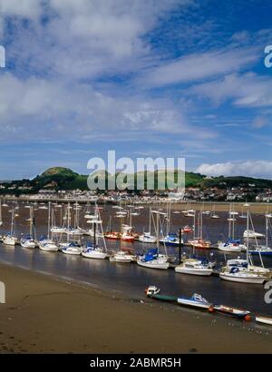 Anzeigen N von Conwy Stadtmauer über die Mündung auf den twin peaks von Deganwy Castle (Castell Degannwy), North Wales, UK. Stockfoto