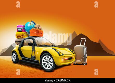 Gelbe Auto mit Kugel, Hut, Sonnenbrille, Kamera, bunte Koffer auf dem Dach und einer ständigen in der Nähe, auf Sand gegen Bergen auf orangefarbenem Hintergrund Stockfoto