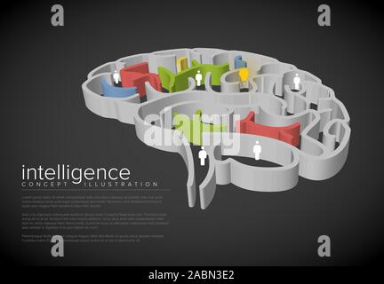 Intelligenz Prinzipdarstellung mit Gehirn als Labyrinth, Idee und Personen - dunkle Version Stock Vektor