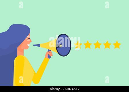 Frau Einflussnehmer hält Megaphon mit 5 goldenen Sternen fliegen Form. Blauen Hintergrund. Flat Style Vektor. Stock Vektor