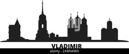 Russland, Wladimir Skyline der Stadt isoliert Vector Illustration. Russland, Vladimir Reisen schwarz Stadtbild Stock Vektor