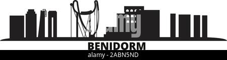 Spanien, Benidorm Skyline der Stadt isoliert Vector Illustration. Spanien, Benidorm Reisen schwarz Stadtbild Stock Vektor