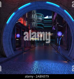 Urban futuristischen Stadt beleuchtet mit Neon Lichter Nacht Ansicht 3D-Rendering Stockfoto