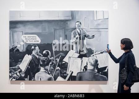 London, Großbritannien. 28. November 2019. Ein Mitarbeiter Ansichten" Die dramatische Bedeutung dieser Arbeit (panufnik)", 2019, von Marcin Maciejowski. Erster Blick von "Private View" durch polnische Künstler Marcin Maciejowski in der Galerie Thaddeus Ropac in Mayfair. Erste des Künstlers Londoner Ausstellung bietet neue großflächige Gemälde und graphische Arbeiten auf Papier zusammenführen Comiczeichner und alte Traditionen. Die Ausstellung läuft vom 28. November bis 25. Januar 2020. Credit: Stephen Chung/Alamy leben Nachrichten Stockfoto