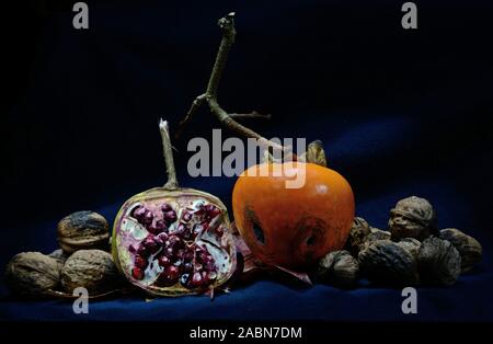 Persimone mit Verzweigung und Granatapfel open-face mit Samen auf Walnüsse Schicht gegen einen dunkelblauen Hintergrund Stockfoto