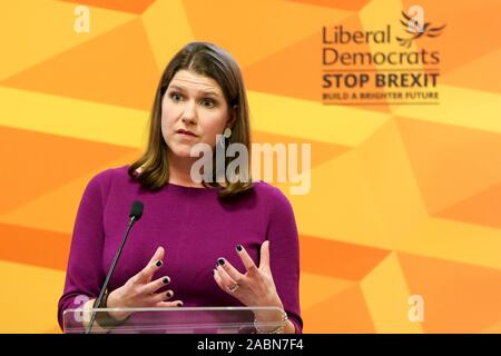Westminster, London, Großbritannien. 28 Nov, 2019. Führer der Liberaldemokraten, Jo Swinson spricht auf einer Veranstaltung in Westminster, das die Gründe, warum Boris Johnson nicht fit ist der nächste Ministerpräsident zu werden. Die Briten gehen zu den Abstimmungen am 12. Dezember in einer allgemeinen Wahl. Credit: Dinendra Haria/Alamy leben Nachrichten Stockfoto