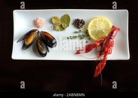 Frisch Hummer Nahaufnahme mit Zitrone, Knoblauch, Brot, Kräutern auf einem Schwarzen Tisch. Horizontal oben Ansicht von oben. Schöne plating und Dekorationen Stockfoto