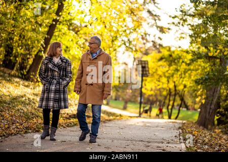 Gerne älteres Paar ist Walking im Park im Herbst. Stockfoto
