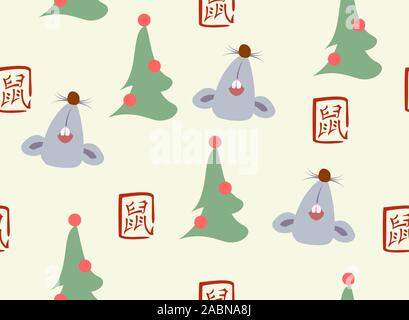 Nahtlose Muster mit einem lächelnden Ratte, Weihnachtsbaum und Hieroglyphe für das Neue Jahr. EPS 10 Vector Illustration. Chinesische Übersetzung: Tierzeichen Ratte. Stock Vektor
