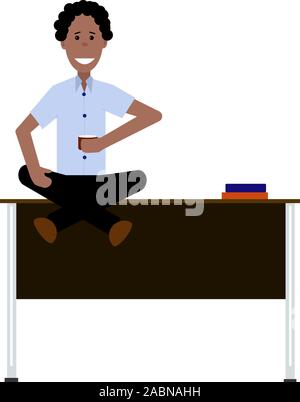 Afrikanische amerikanische Getränke Kaffee, während das Sitzen an einem Desktop im Büro. Auf einem weißen Hintergrund zu isolieren. Stock Vektor
