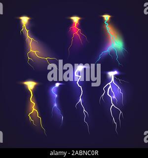 Elektrische Blitze Gewitter aufblitzen. Vektor realistische Blitz regen Wetter Thunderbolt auf Schwarz transparenten Hintergrund. Neon farbe Energie Stock Vektor