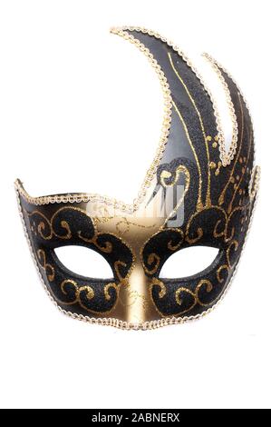 Schwarze Venezianische Theater Maske mit Noten und Gold Dekorationen auf weißem Hintergrund Stockfoto