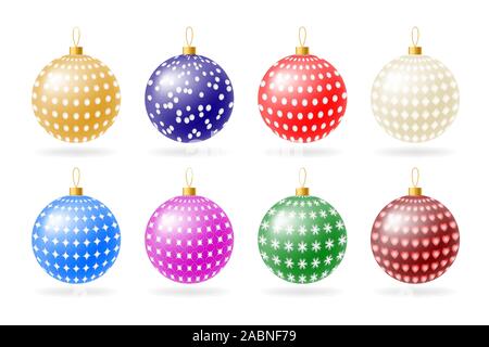 Bunte Weihnachtskugeln mit kunstvoller Verzierung auf einem weißen Hintergrund. Stock Vektor