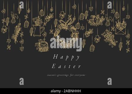 Ostereier Komposition. Bunte lineare Symbole auf dem weißen Hintergrund. Hängend Ostern Zierpflanzen Eier. Frohe Ostern Grußkarte. Stock Vektor