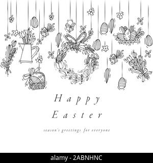 Ostereier Komposition. Bunte lineare Symbole auf dem weißen Hintergrund. Hängend Ostern Zierpflanzen Eier. Frohe Ostern Grußkarte. Stock Vektor