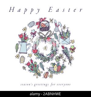 Ostereier Komposition. Bunte lineare Symbole auf dem weißen Hintergrund. Hängend Ostern Zierpflanzen Eier. Frohe Ostern Grußkarte. Stock Vektor