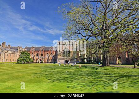 Krocket wird regelmäßig auf der großen Rasenfläche innerhalb der Mauern der Palast des Bischofs in Wells, Somerset, England, UK gespielt Stockfoto