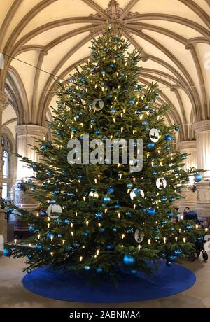 Hamburg, Deutschland. 28 Nov, 2019. Die weihnachtlich dekorierten und beleuchteten Nordmanntanne steht im Hamburger Rathaus. Die Lebenshilfe Hamburg e.V. hatte die sechs Meter hohen Baum gespendet. Seit 2015 kein Weihnachtsbaum wurde errichtet für den Brandschutz gründen. Quelle: Tim Vogel/dpa/Alamy leben Nachrichten Stockfoto