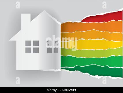 Haus Symbol mit Energie Leistung skalieren. Abbildung: zerrissene Papier Energie Leistung Skala mit Papier Haus Symbol. Vektor zur Verfügung. Stock Vektor