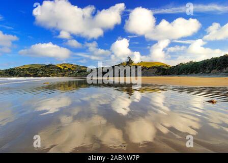 Strand bei Moeraki mit Wolkenspiegelung, Pazifischer Ozean, Otago, Neuseeland Suedinsel; März 2007 Stockfoto