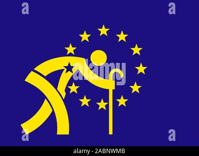 Ein alterndes Europa - Europäische Union Flag. Parodie der Fahne der Europäischen Union mit Symbol einen alten Mann mit einem Stock. Konzept für ein alterndes Europa. Vektor zur Verfügung. Stock Vektor