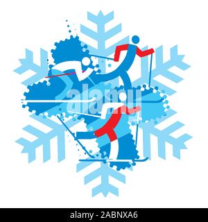 Langläufer. Eine stilisierte Zeichnung der Langlaufloipe Wettbewerber auf dem Snowflake background Vektor zur Verfügung. Stock Vektor