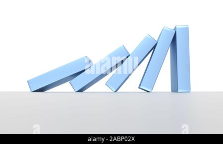 Domino. Prinzipdarstellung der fallenden Steinen, die sich gegenseitig pushen. 3D-Rendering Stockfoto