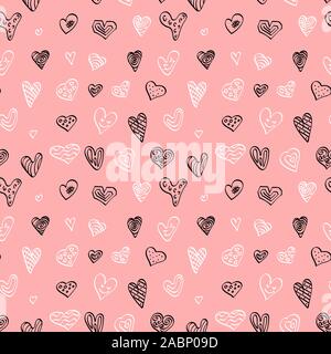 Nahtlose Muster mit Hand gezeichnet Herzformen. Schwarze und weiße doodle Elemente auf rosa Hintergrund. Vektor illustartion. Stock Vektor