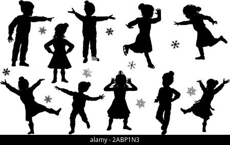 Silhouette Kinder Weihnachten Winter Kleidung eingestellt Stock Vektor